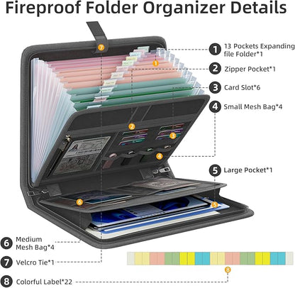 Fireproof Accordion File Organizer, Portable Expanding File Folder with Waterproof Zipper&Labels, Dark Gray Document Organizer with 13 Pockets, File Organizer for Important Document/Paper Storage
