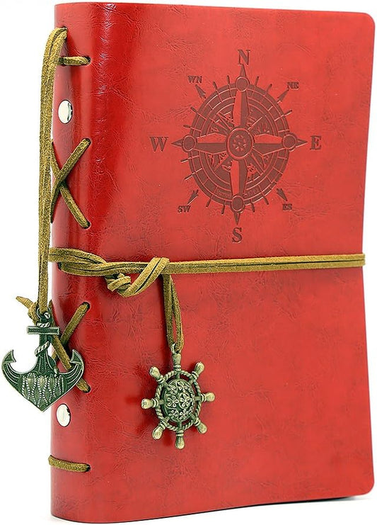 EvZ Leather Writing Journal Notebook, 7 Inches Vintage Nautical Spiral Blank String Diary Notepad Sketchbook Travel to Write in, Unlined Paper, Retro Pendants, Classic Embossed, Red