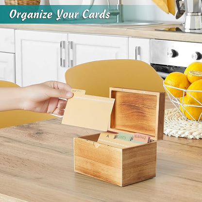 DRASTAR Wooden Index Card Organizer, 3x5 Index Card Box with 45 Dividers, Flashcard Notecard Holders for Home Office, Brown
