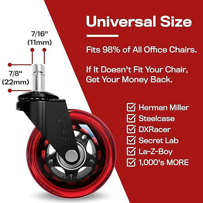 The Office Oasis Original Rollerblade Office Chair Wheels (As Seen On PBS) - Smooth & Quiet Casters - Safe for Hardwood Floors & Carpet - Easy Installation with Universal Fit - Set of 5 - Red