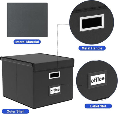 Huolewa Upgraded File Organizer Box with Lid, Collapsible Faux Leather Hanging File Folder Box Organizer with Plastic Slides, Decorative Home/Office Filing System Box for File and Folders Storage
