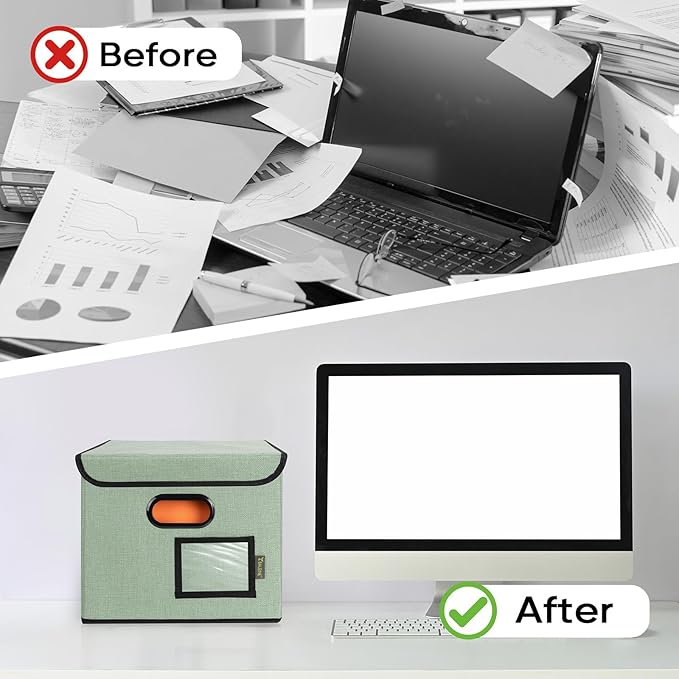 BALEINE File Organizer Box with Lid, Collapsible File Folder Organizer with Plastic Slide, Hanging File Folder Box for Office Document Storage (1 Pack, Green)