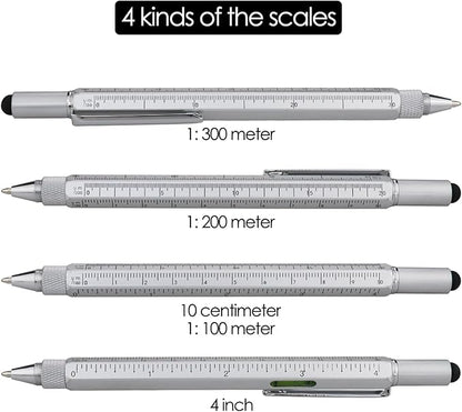 HeTaoCat Gifts Multi Tech Tool Pen 6 in 1 Stylus Pen - Screwdriver Pen with Ruler, Levelgauge, Ballpoint Pen Black Ink (Silver)