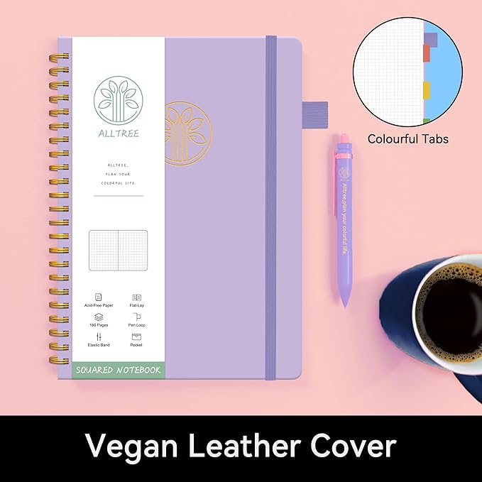 Alltree Spiral Graph Notebook Journal, Leather Hardcover Graph Notebook for Work, Twin Spiral Grid Notebook with Pen Loop, Pocket, 160 Pages, Journal for Women & Men, Purple(6"x8.5")