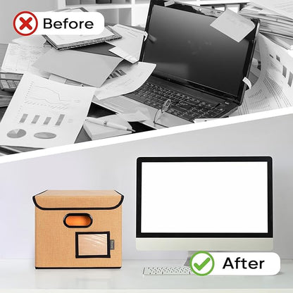 BALEINE File Organizer Box with Lid, Collapsible File Folder Organizer with Plastic Slide, Hanging File Folder Box for Office Document Storage (2 Pack, Orange)