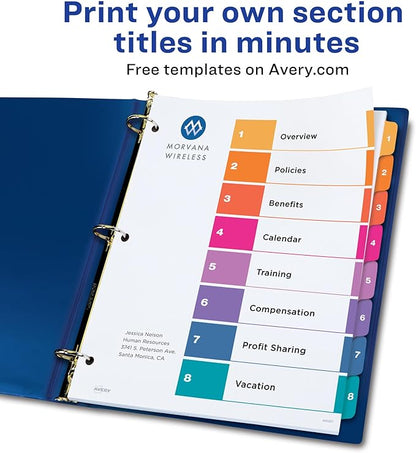 Avery 8 Tab Dividers for 3 Ring Binders, Customizable Table of Contents, Multicolor Tabs, 3 Sets (11071)