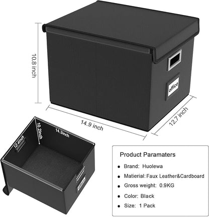 Huolewa Upgraded File Organizer Box with Lid, Collapsible Faux Leather Hanging File Folder Box Organizer with Plastic Slides, Decorative Home/Office Filing System Box for File and Folders Storage