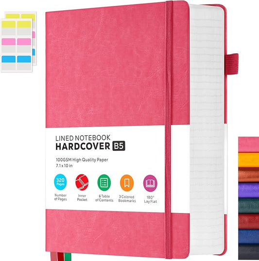 Bullet Lined Journal Notebook for Women/Men Writing Work, 320 Pages B5 Large Pink Leather Daily Diary Journals Note book College Ruled for Note Taking, 100Gsm Thick Paper, 7.1'' X 10''