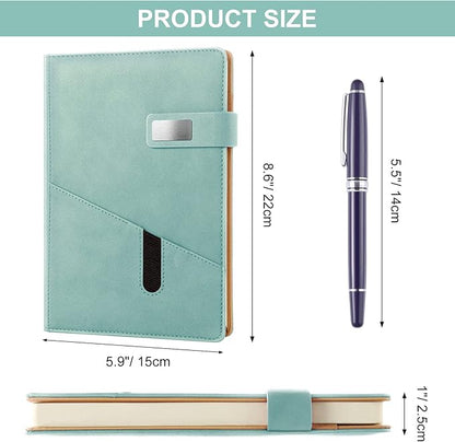 A5 Lined Leather Journal with Pen, 240 Pages Refillable Hardcover Notebook with Pocket and Magnetic Buckle, 80gsm Thick Daily Diary for Men and Women, Great Gift for Business School Travel Personal - Light Green
