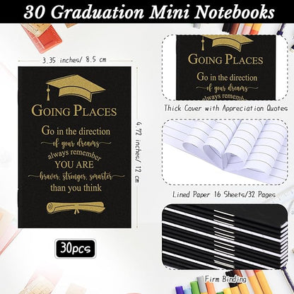 Kosiz 60 Pcs Graduation Gifts Motivational Mini Journal Inspirational Bamboo Pen Kraft Notebooks Bulk Wooden Retractable Ballpoint Pen for Class of 2025 College Gifts (Black)
