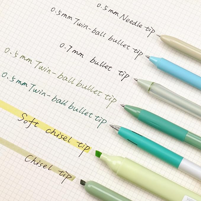 WRITECH Gel Pens Journaling Highlighters: Journal Set Aesthetic Assorted Pastel Color Ink 0.5mm Fine Point Retractable 0.7mm Black Pen Smooth Writing Drawing No Bleed 7ct (Green)