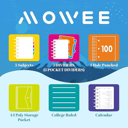 5 Subject Notebook - Spiral Notebook, College Ruled Notebook with Dividers Pocket, Tabs, 11" Ruler, 200 Pages, for Writing Journal, Home & Office, School Supplies (8.5 * 11Babyblue)