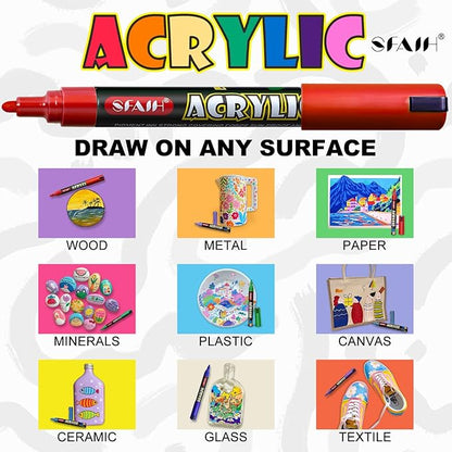 SFAIH Acrylic Creative Markers - 3mm Replaceable Nibs 24 Colors, Large Ink Capacity, Ultra-High Coverage, Non-Bleeding Water-Based Ink, Drawing Markers for Art Supplies, Wood, Fabric, Rock Painting