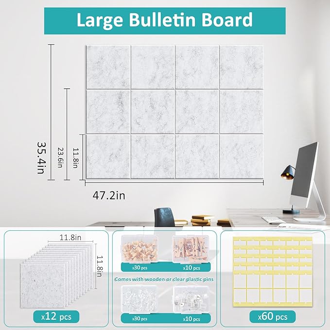 Large Cork Board for Walls - 12 Pack Felt Wall Tiles with Safe Removable Adhesive Tabs - 48" x 36" Bulletin Board for Office & School & Home Decor - Marble White