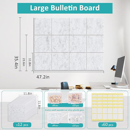 Large Cork Board for Walls - 12 Pack Felt Wall Tiles with Safe Removable Adhesive Tabs - 48" x 36" Bulletin Board for Office & School & Home Decor - Marble White