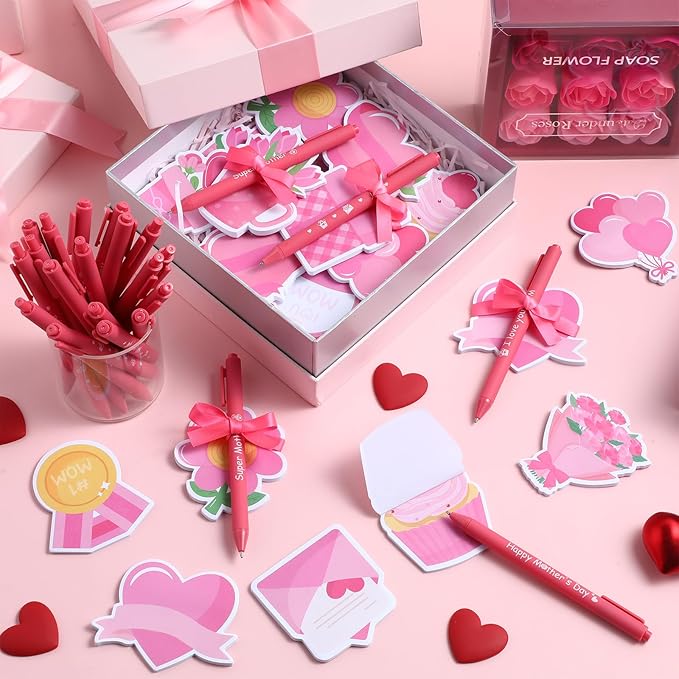 24 Set Mother's Day Sticky Notes and Pens Set Mother's Day Gift Pink Flower Heart Gift Box Bouquet Shaped Self Sticky Notepads Ballpoint Pens for Mothers Day Gift Office Daily Supplies