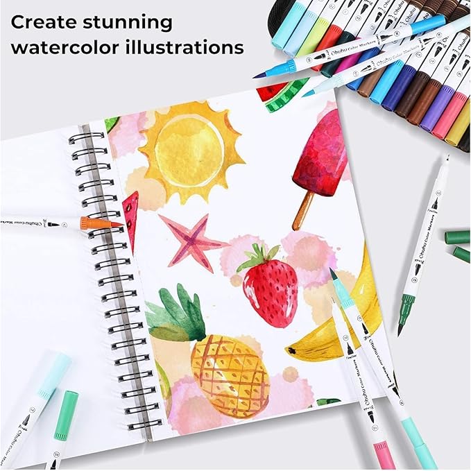 Ohuhu Markers for Adult Coloring Books No Bleeding 60 Colors Coloring Markers Water-based Dual Tips Fineliner & Brush Drawing Pens Art Markers for Kids Adults Sketch Journal - Maui - White