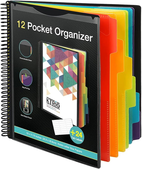 KTRIO 12 Pocket Poly Project Organizer, Spiral Binder Organizer Multi Pocket Folder with Dividers, Back Cover Utility Pouch, Letter Size School Supplies