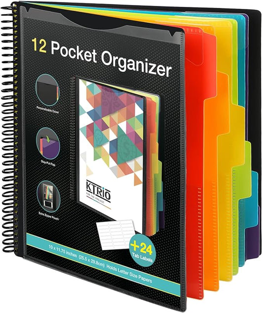 KTRIO 12 Pocket Poly Project Organizer, Spiral Binder Organizer Multi Pocket Folder with Dividers, Back Cover Utility Pouch, Letter Size School Supplies