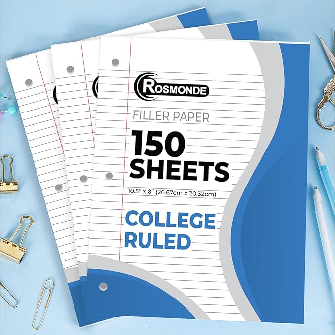 Loose Leaf Paper, 900 Sheets, 6 Pack, College Ruled, 8" x 10.5", 56 gsm Bulk Office Filler Paper, 3 Hole Punched, 150 Sheets/Pack, College Ruled Paper for 3 Ring Binder, Notebook Paper, White