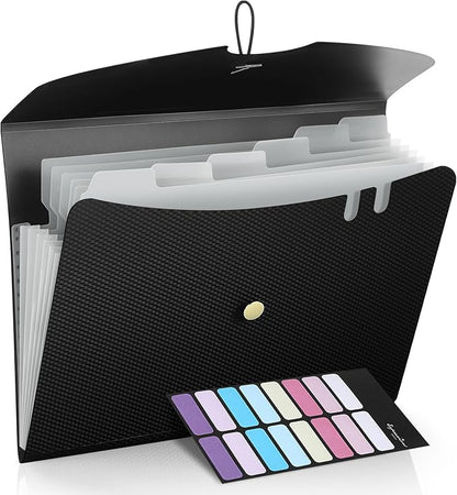 Sooez 7 Pocket Expanding File Folder, Premium Accordion File Organizer, Letter Size Folders for Documents, Sleek Filing Folders with Bungee Closure, Portable Folders for School Office Supplies, Black