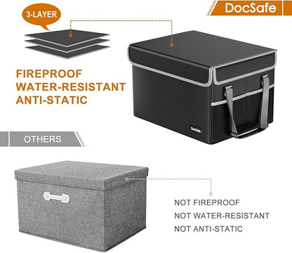 DocSafe File Box Fireproof File Storage Organizer Box with Lid,Collapsible Document Storage Filing Box for Hanging Letter/Legal Folder,Portable Home Office Safe Box Cabinet with Handle,Black,2 Pack