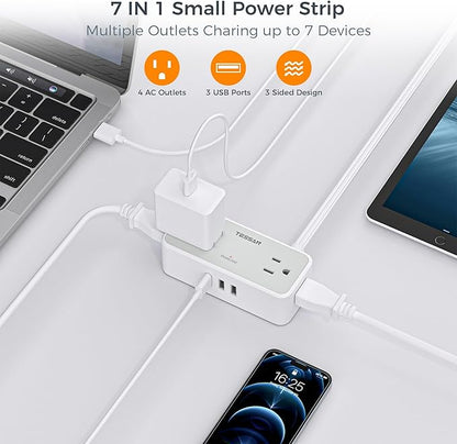 Ultra Thin Flat Plug Extension Cord 10 ft, TESSAN Surge Protector Power Strip with 4 Widely Space AC Outlets 3 USB Charging Ports, 900 Joules Protection for Home Office School Dorm Room