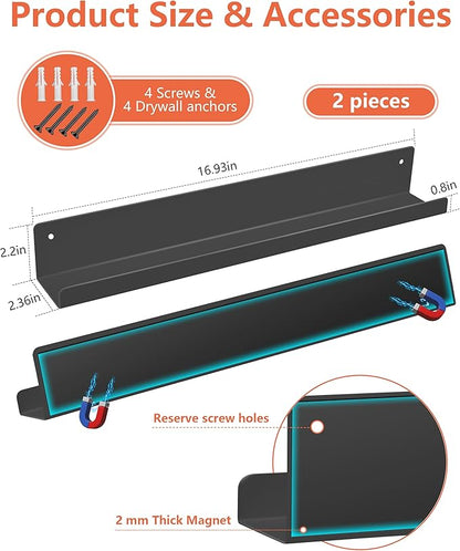 Magnetic Book Shelf for Whiteboard, Reusable Metal Magnetic Bookshelves with Strong Adsorption Capacity, 2-Pack 17'' for Classroom Whiteboard Office & Fridge Storage, Holds up to 12.5 lbs