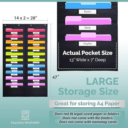 Hippo Creation Heavy Duty Storage Pocket Chart for Classroom, 20 Pocket Storage Organizer with 4 Over-Door Hangers, Hanging Wall Organizer for File Folders, School Mailbox, Home Office Papers - Black