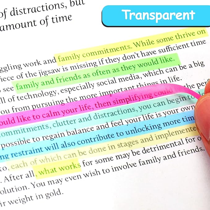 Juome 1280Pcs Highlighter Tape, Transparent Sticky Long Page Markers Tabs, Morandi Neon Clear Highlighter Strips Flags Stickers, Book Tabs for Annotating Books Aesthetic Office School Study Supplies