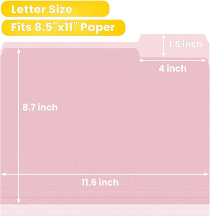 SUNEE File Folders, 30 Pack Manilla Folders 8.5 x 11, Colored File Folders Home Office School Supplies for Documents Files Paper, Pink