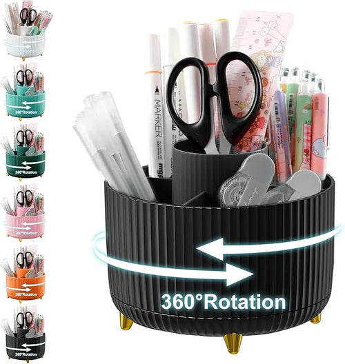 Pencil Holder For Desk,5 Slots 360°Degree Rotating Desk Organizers And Accessories,Desktop Storage Stationery Supplies Organizer, Cute Pencil Cup Pot For Office, School, Home (H-Black)