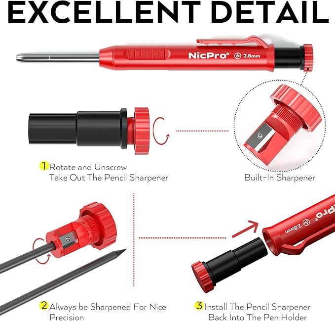 Nicpro Carpenter Pencil with Sharpener, Mechanical Pencils Set with 26 Refills, Deep Hole Marker for Construction, Heavy Duty Woodworking Pencils for Architect (Black, Red) - With Case