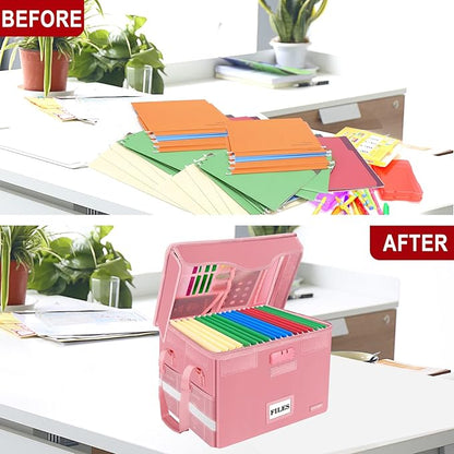 DocSafe File Box Fireproof Document Box with Lock,File Storage Organizer Box with Insert Pockets,Collapsible Portable File Box Home Office File Cabinet Safe for Hanging Letter/Legal Folder,Pink,2 Pack