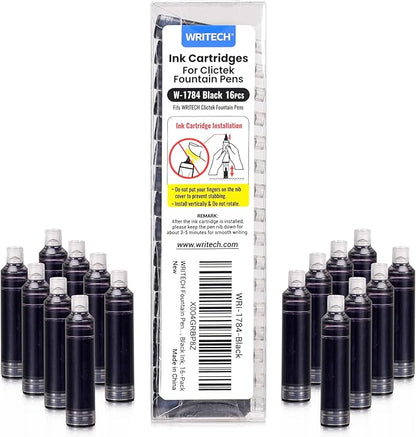 WRITECH Black Ink Cartridge Set: 16 Ink Cartridges Clictek Fountain Pens