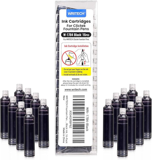 WRITECH Black Ink Cartridge Set: 16 Ink Cartridges Clictek Fountain Pens