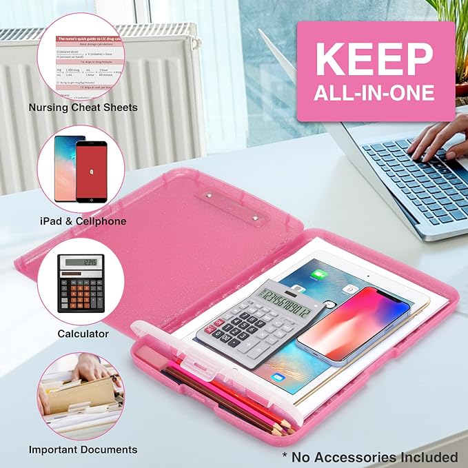 Sooez Glitter Clipboard with Storage, High Capacity Storage Clipboard with Pen Holder, Cute Clip Boards 8.5x11 with Low Profile Clip, Sparkle Plastic Clipboard Case Box for Women & Kids, Side Opening