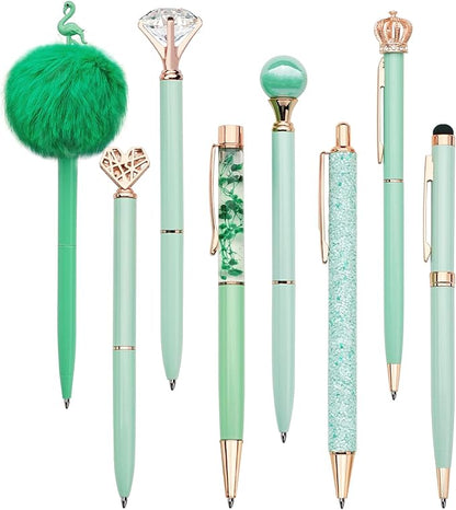 WEMATE 8Pcs Ballpoint Pens Set Metal Crystal Diamond Pen Glitter Pen for Journaling Green Pen Bling in Black & Blue Ink Pretty Cute Pens Fancy Pens Gifts for Women Wedding School Office Desk(Green)