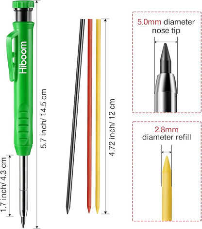 Hiboom 3 Pack Solid Carpenter Pencil with 21 Refill, Long Nosed Deep Hole Mechanical Pencil Marker with Built in Sharpener for Carpenter, Design Patent (Green, Red, Black Cover)
