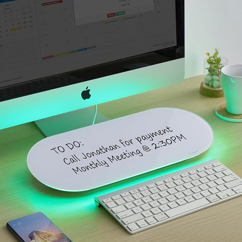 TSJ OFFICE Glass Desktop Whiteboard - 17 X 7 Inches Small Dry Erase Board with Green Light, Glass White Board Surface Notepad with 1 Drawer, Desk Organizers for Office, Home, School Supplies
