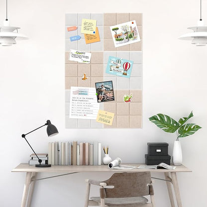 Smarpau 12 Pack Felt Cork Board Tiles 48"x36" Large Cork Board with Safe Removable Adhesive Tabs Square Cork Bulletin Board for Home Office Pin Board Tack Board Light Camel
