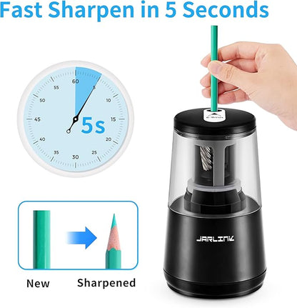 JARLINK Electric Pencil Sharpener, Heavy-duty Helical Blade to Fast Sharpen, Auto Stop for No.2/Colored Pencils(6-8mm), USB/Battery Operated in School Classroom/Office/Home (Black)