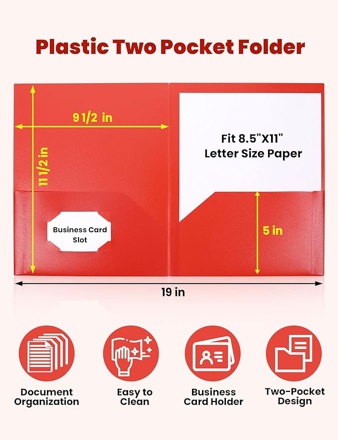 SUNEE 2 Pocket Folders (24 Pack, Red) Heavy-Duty Plastic Folders with Pockets, Fit 8.5x11 Letter Size Paper, 2-Pocket File Folders for Kids, Home, School, Office