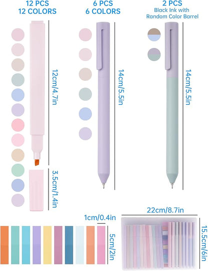 NiArt Bible Highlighters and Pens No Bleed, Morandi Colors 12 Highlighters + 8 Gel Pens + 200 Sticky Notes, Ergonomic Design with Fade-Resistant Soft-Toned Pastel Ink for Journaling