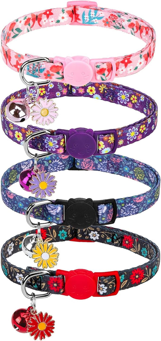 SCENEREAL Cute Cat Collars with Bells Breakaway, 4 Pack Floral Daisy Pendant Spring Summer Pet Collar for Girl Boy Cats, Adjustable Safety Pink Kitten Puppy Collars Flowers Set Size 8-12"