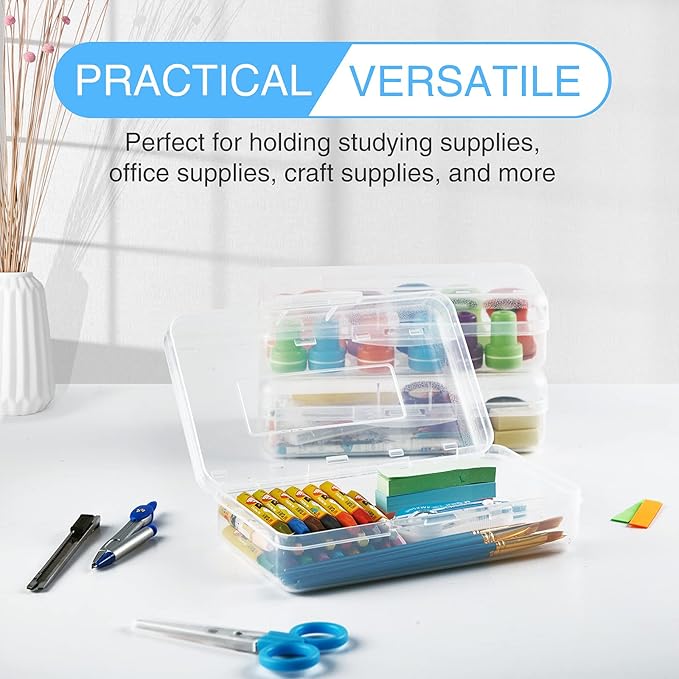 Sooez 3 Pack Pencil Case, Large Pencil Box Case, Clear Crayon Marker Box Bulk, Hard Plastic School Supplies with Snap-tight Lid, Stackable Storage Container Art Craft Organizer for Bead Pens, Clear