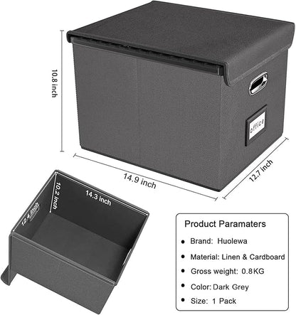 Collapsible File Storage Organizer Boxes with Lids, Linen Office Document Storage Box, Filing Box, Decorative Small File Box for Hanging File, Single File Box with Plastic Slide for Office/Decor/Home
