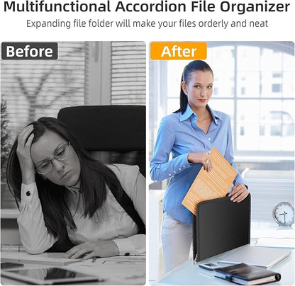 Fireproof Accordion File Organizer, Portable Expanding File Folder with Waterproof Zipper&Labels, Jet Black Document Organizer with 13 Pockets, File Organizer for Important Document/Paper Storage