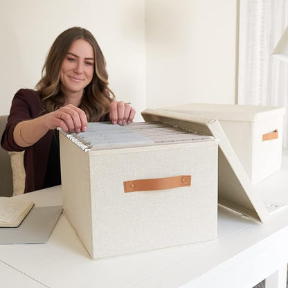 ZICOTO Decorative File Organizer Box Set of 2 - Collapsible Linen Filing Cabinets w/Handles Are Perfect to Store all Your Documents & Hanging File Folders - Portable Easy Slide Crates with Lid