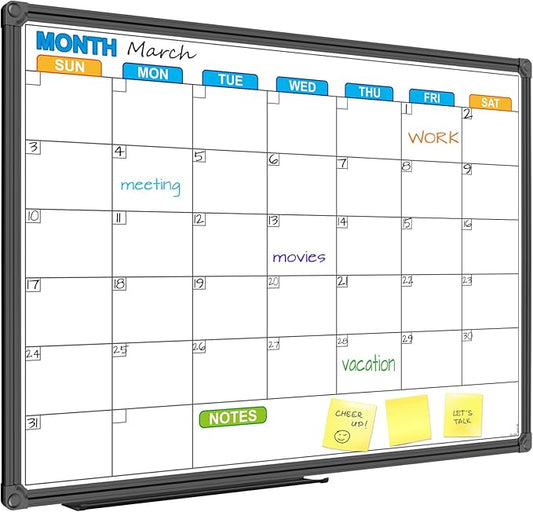 JILoffice Dry Erase Calendar Whiteboard - Magnetic White Board Calendar Monthly 24 X 18 Inch, Black Aluminium Frame Wall Mounted Board for Office Home and School